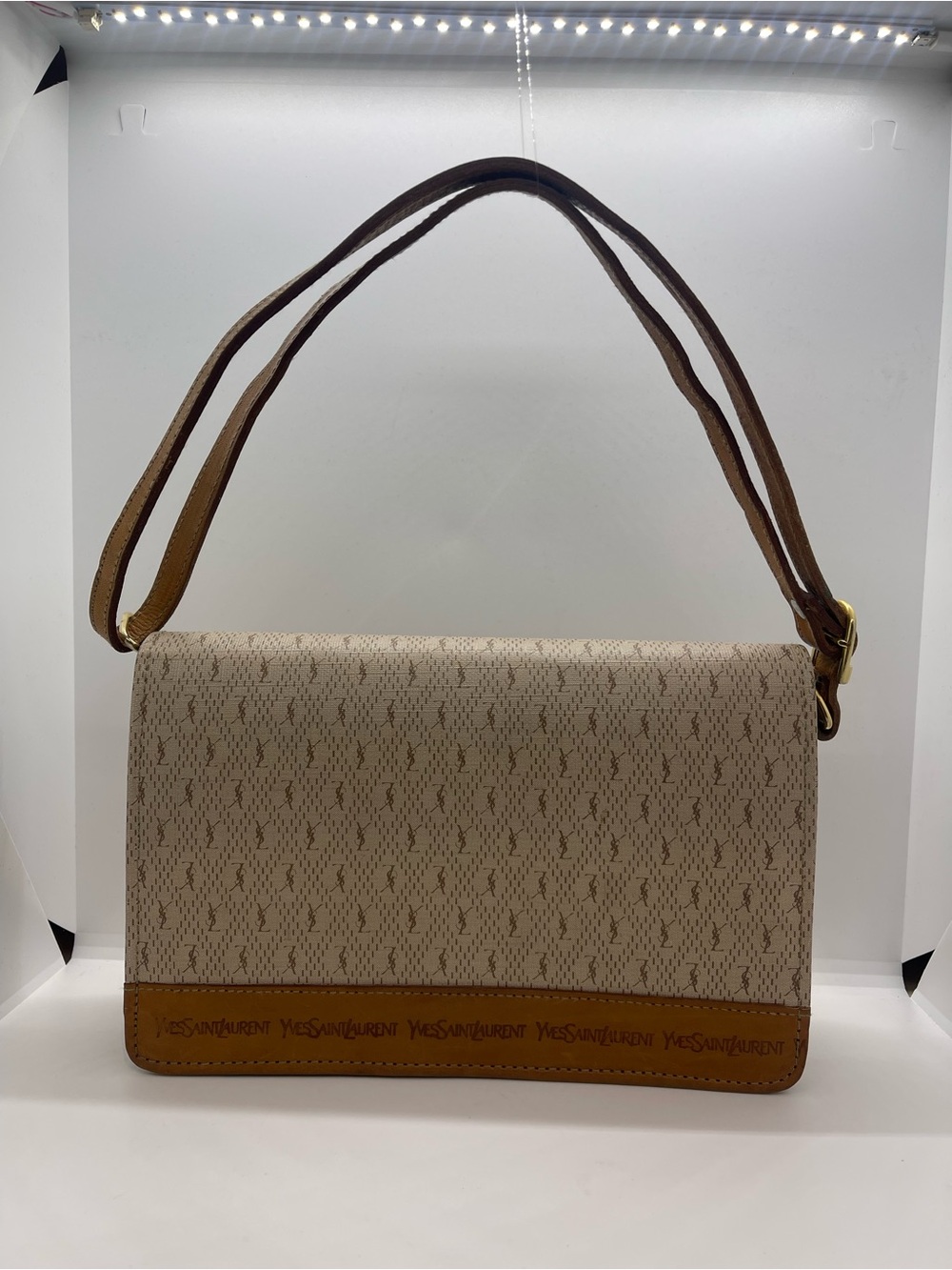 Yves Saint Laurent Beige and Brown Shoulder Bag with Monogram Trim - Picture 2 of 16